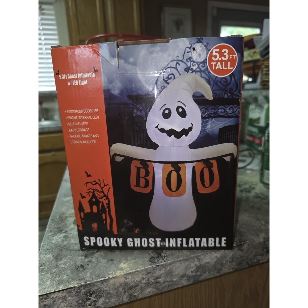 Halloween Spooky Ghost Inflatable 5.3ft LED Light Up Yard Decoration BOO Banner - Picture 6 of 8